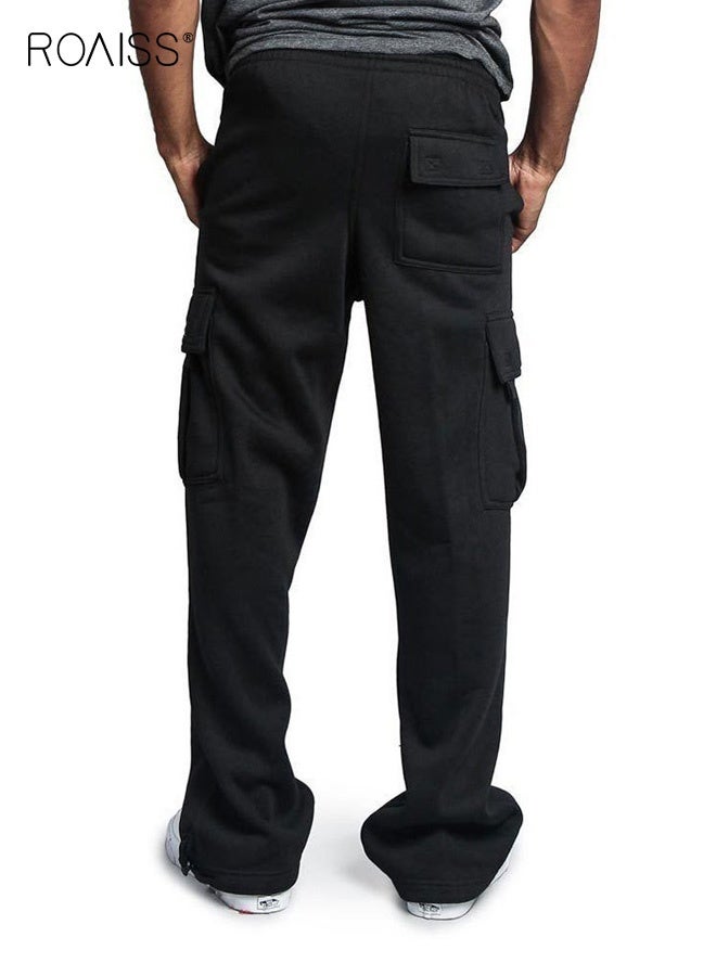 roaiss Men's Fleece-Lined Straight Leg Cargo Pants, Mid Rise Relaxed Utility Trousers with Multiple Pockets & Drawstring Waist, Warm Brushed Polyester Blend Winter Work Pants for Casual Travel Adventure Hiking, Versatile Essential, Black - Image 3